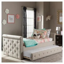 Twin Swanson Modern And Contemporary Fabric Tufted Daybed With Roll-Out Trundle Guest Bed - Baxton Studio -Quality Furniture Store GUEST 071251a6 a6c9 4c2d 94aa c447872bb2b4