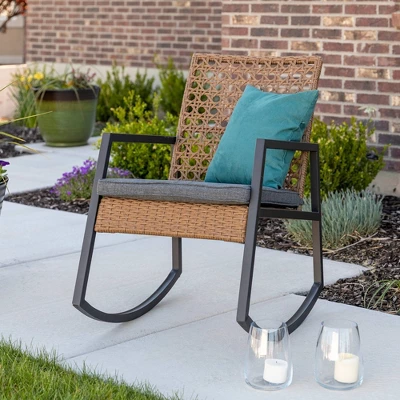 Komodo Modern Boho Faux Rattan & Metal Outdoor Rocking Chair With Cushion - Brown/Gray - Saracina Home 3 Komodo Modern Boho Faux Rattan & Metal Outdoor Rocking Chair With Cushion - Brown/Gray - Saracina Home