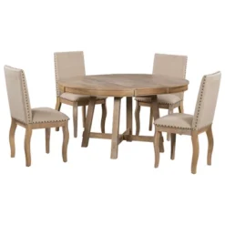 5 PCS Round Wood Extendable Dining Table Set With 4 Upholstered Dining Chairs-ModernLuxe 21 5 PCS Round Wood Extendable Dining Table Set With 4 Upholstered Dining Chairs-ModernLuxe -Quality Furniture Store GUEST 62a0d22f 09b3 4f40 a197 cc20893dc552