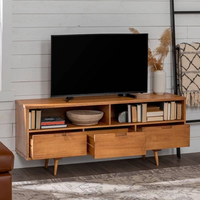 Cara Mid-Century Modern 3 Drawer TV Stand For TVs Up To 65" - Saracina Home 3 Cara Mid-Century Modern 3 Drawer TV Stand For TVs Up To 65" - Saracina Home