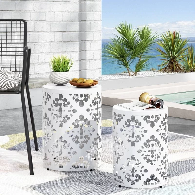2pk Mathena Outdoor Round Iron Side Tables White - Christopher Knight Home 3 2pk Mathena Outdoor Round Iron Side Tables White - Christopher Knight Home - Image 2