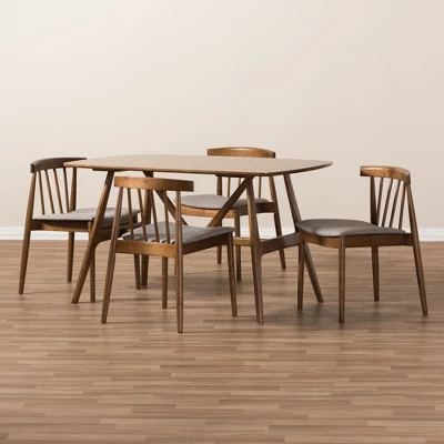 5pc Wyatt Midcentury Modern Walnut Wood Dining Set Beige/Brown - Baxton Studio 8 5pc Wyatt Midcentury Modern Walnut Wood Dining Set Beige/Brown - Baxton Studio - Image 6