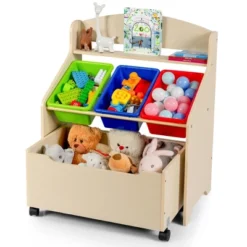 Costway Kids Wooden Toy Storage Unit Organizer W/Rolling Toy Box & Plastic Bins NaturalEspresso -Quality Furniture Store GUEST b1538226 2c79 451e 9800 9bc4afb4832c