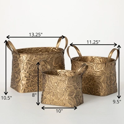 10.5"H Sullivans Brass Botanical Basket Set Of 3, Gold 5 10.5"H Sullivans Brass Botanical Basket Set Of 3, Gold - Image 3