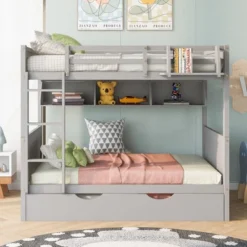 Separable Full-Over-Full Bunk Bed With Twin Size Trundle And Bookshelf - ModernLuxe