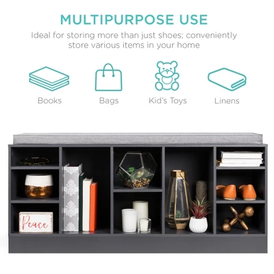 Best Choice Products 46in Shoe Storage Organization Rack Bench For Entryway, Bedroom W/ Padded Seat, 10 Cubbies - Gray 4 Best Choice Products 46in Shoe Storage Organization Rack Bench For Entryway, Bedroom W/ Padded Seat, 10 Cubbies - Gray - Image 2